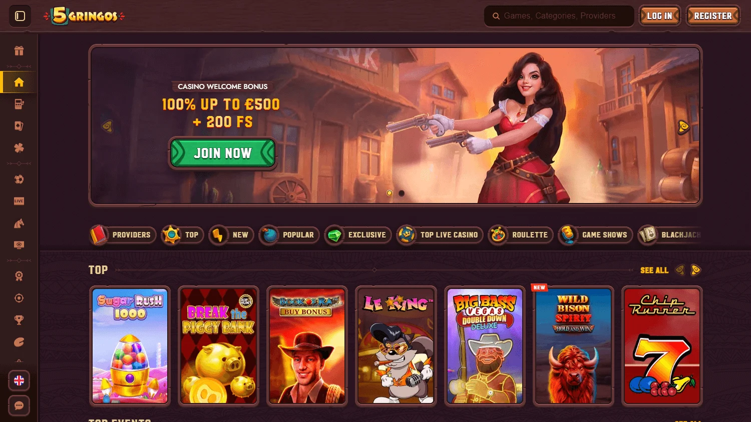 5Gringos Casino home page on desktop