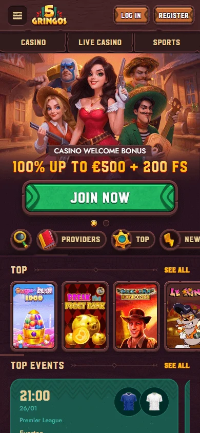 5Gringos Casino home page on a mobile device
