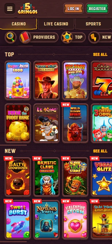 5Gringos Casino games area on a mobile device